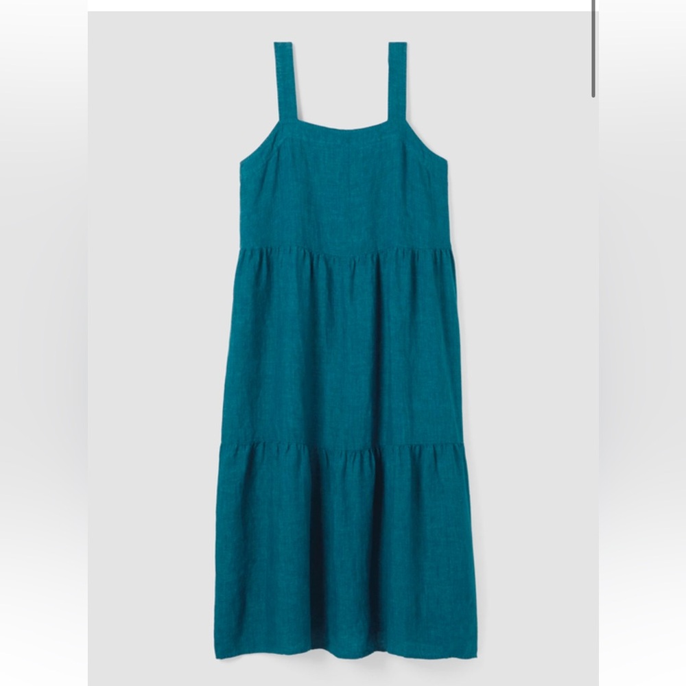 Eileen Fisher Washed Organic Linen Delave Tiered Square Neck dress Blue Green MP
